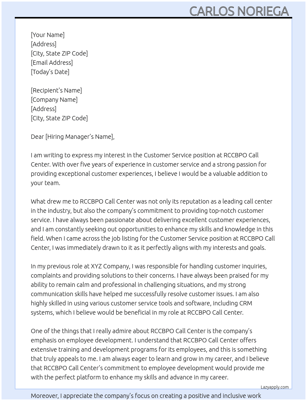 Customer service  At RccBPO Call Center  Cover Letter