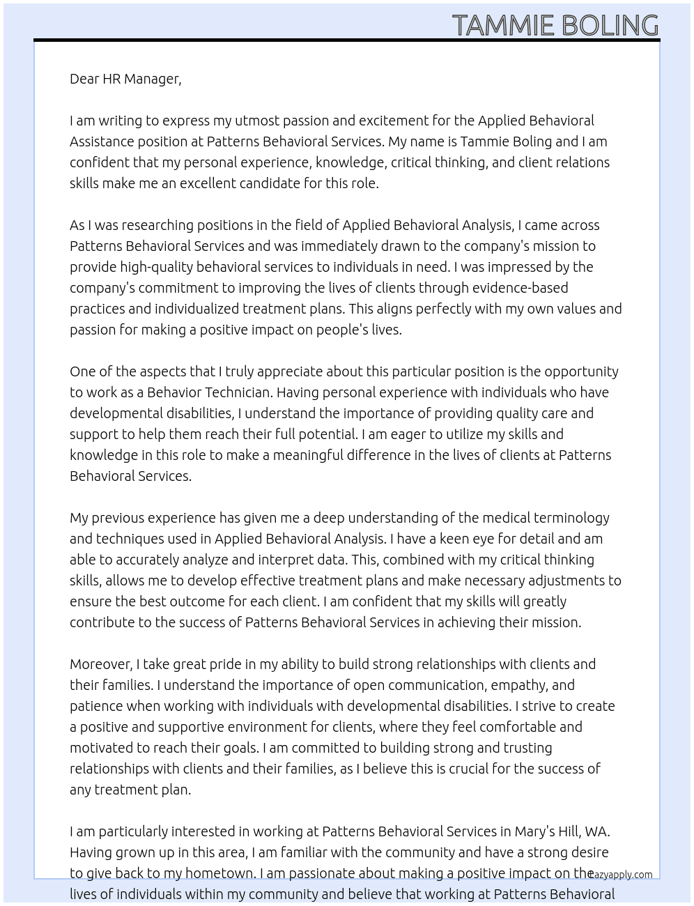 Applied Behavioral Assistance At Patterns Behavioral Services Cover Letter
