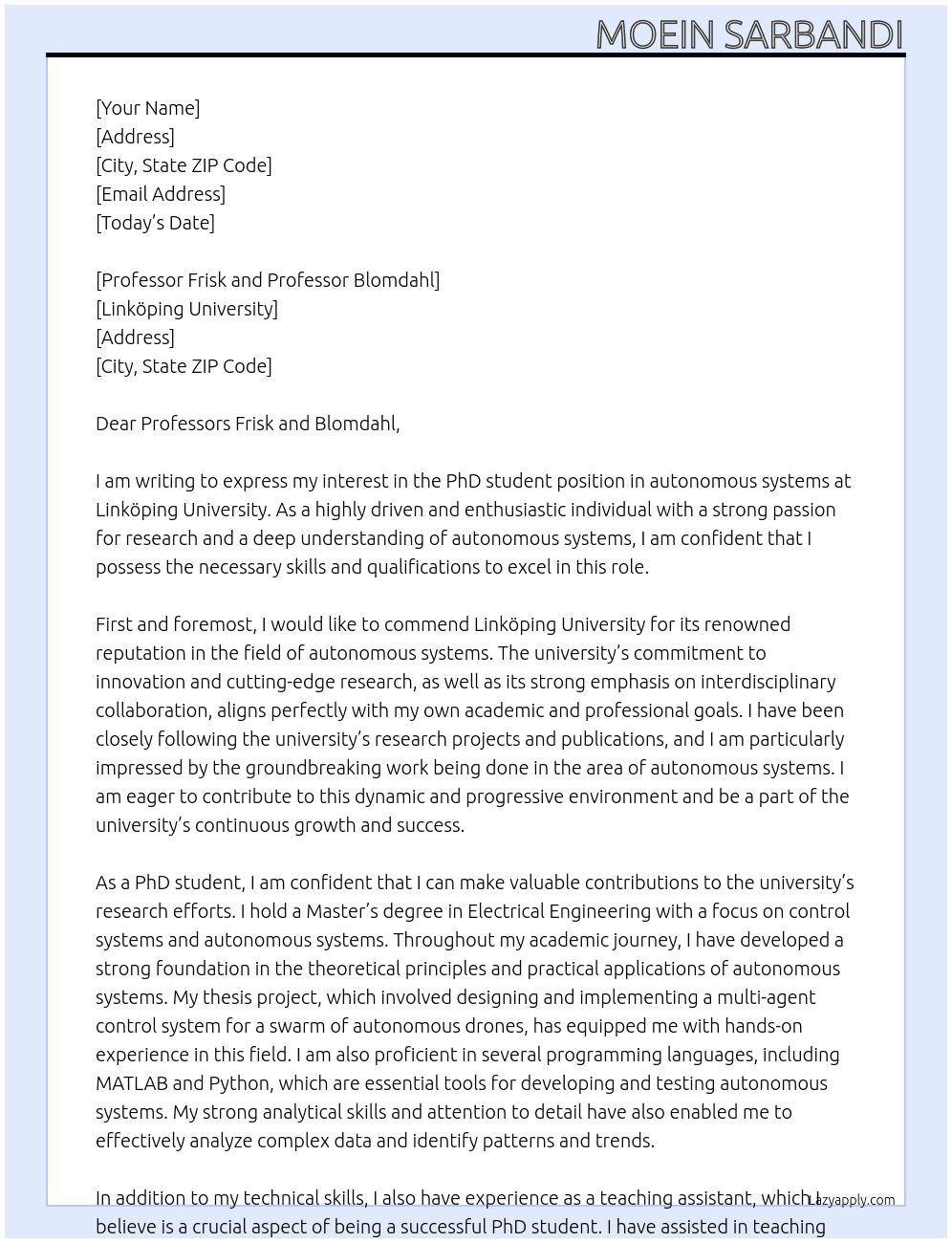 PhD student in autonomous systems At Linköping University Cover Letter