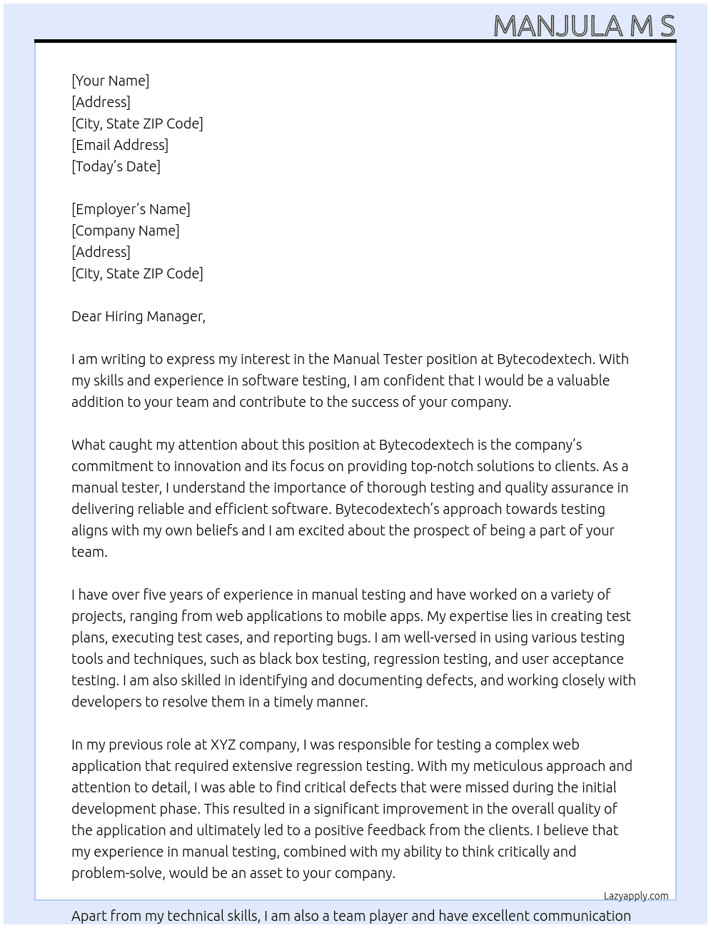 Manual tester At bytecodextech Cover Letter