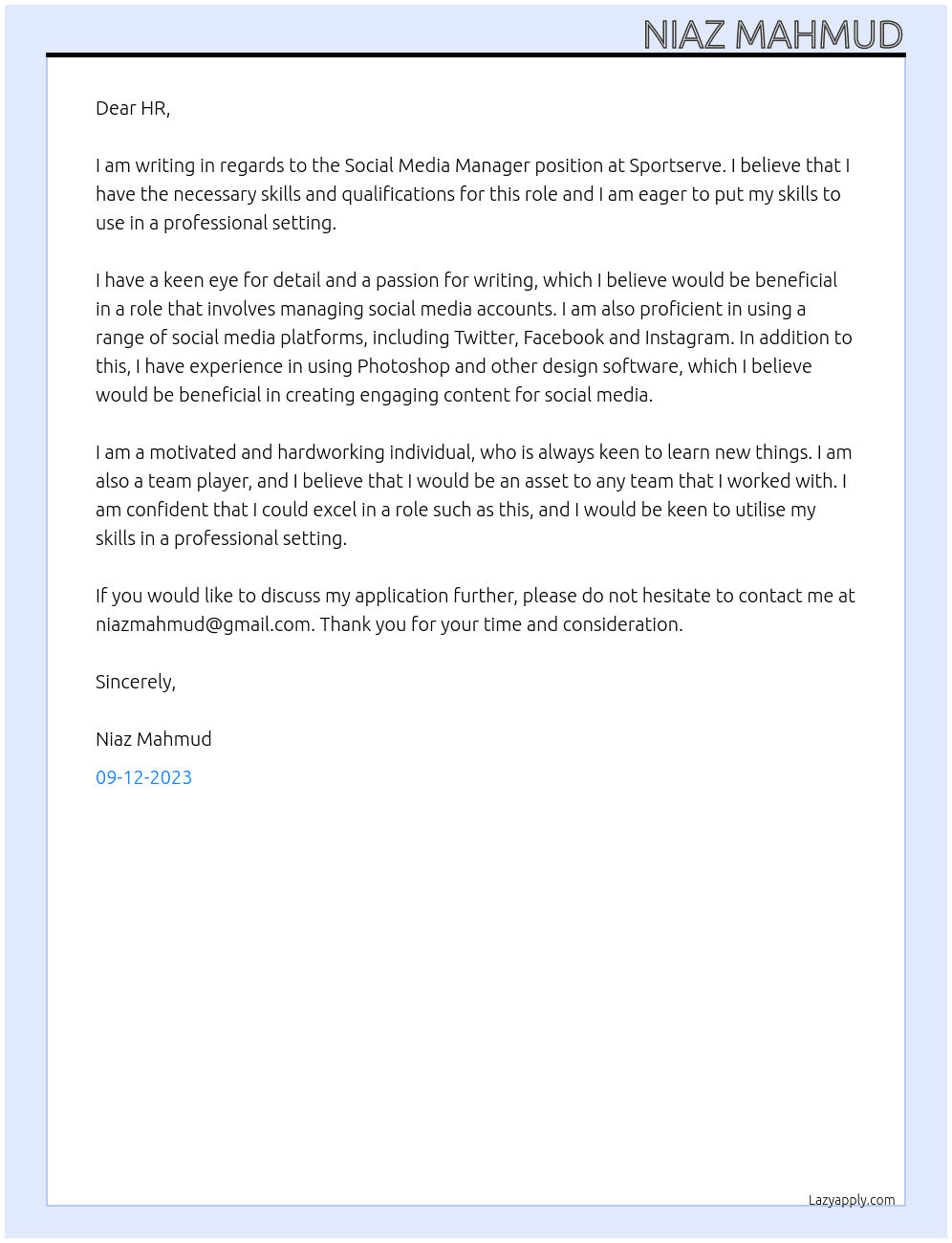 Social Media Manager At Sportserve Cover Letter