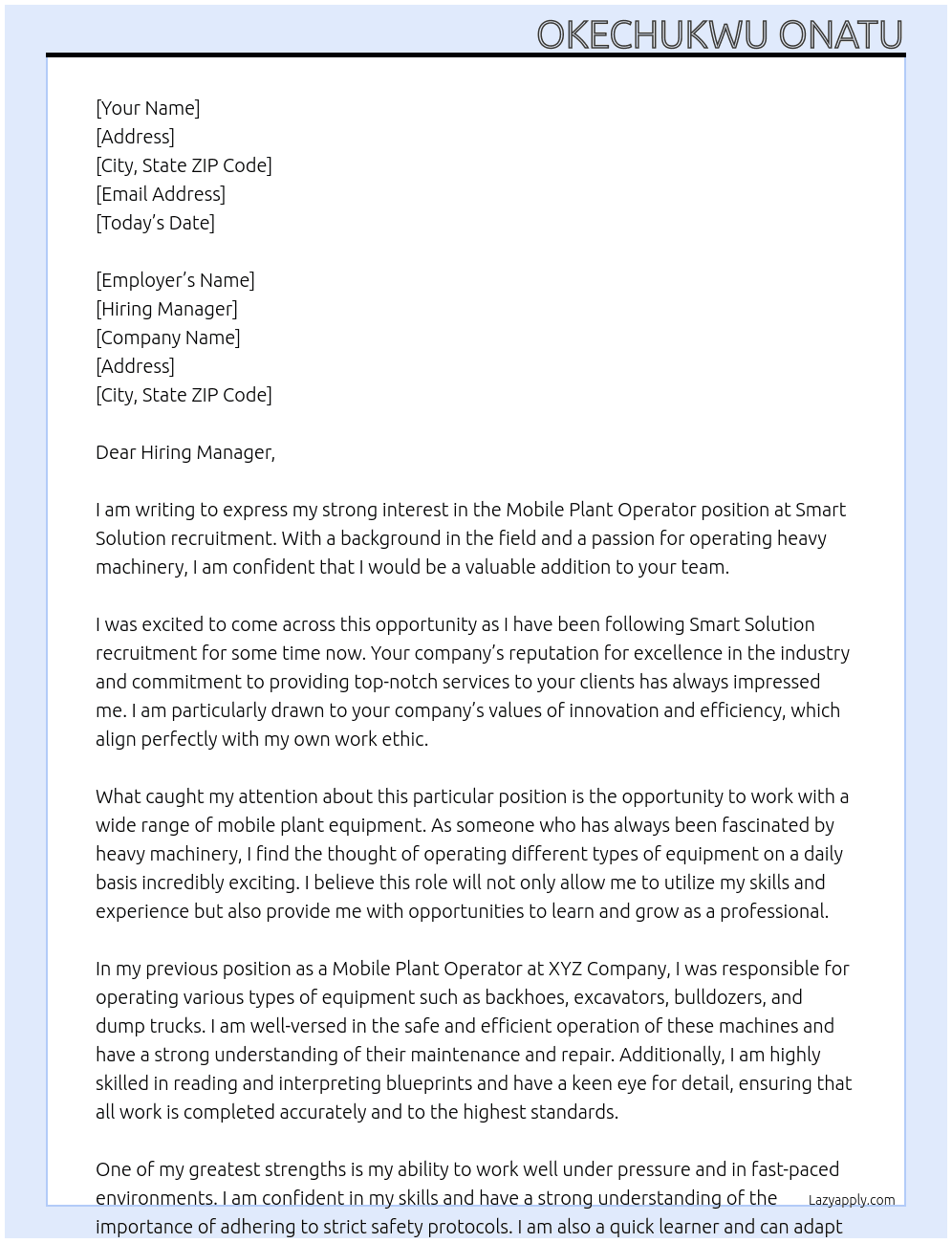 Mobile Plant Operator At Smart Solution recruitment  Cover Letter