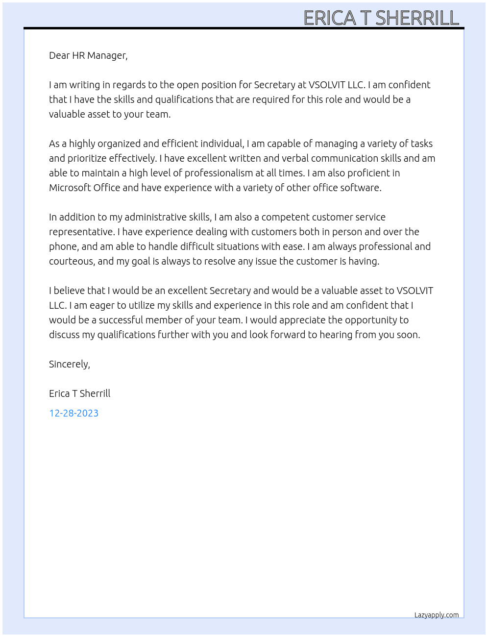 Secretary  At VSOLVIT LLC Cover Letter
