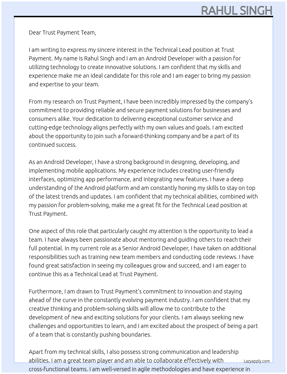 Technical Lead At Trust Payment  Cover Letter