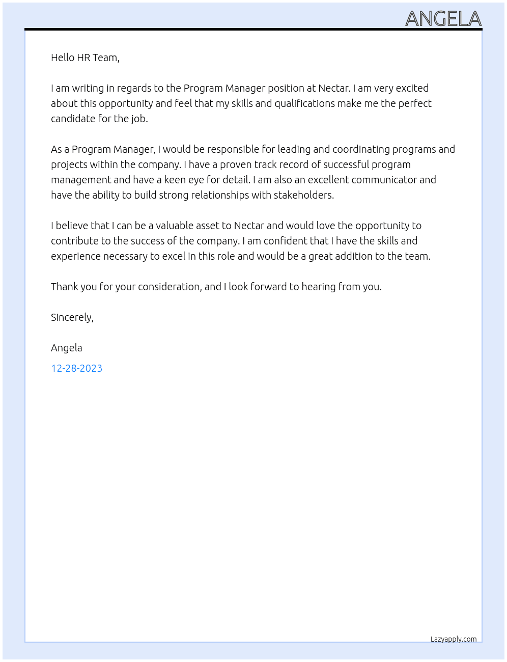 Program Manager At Nectar Cover Letter