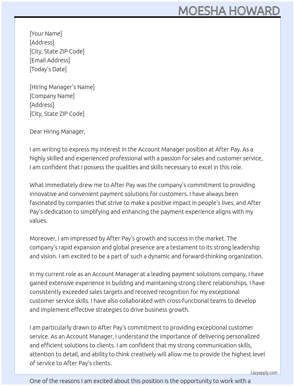 Account Manager At After Pay Cover Letter