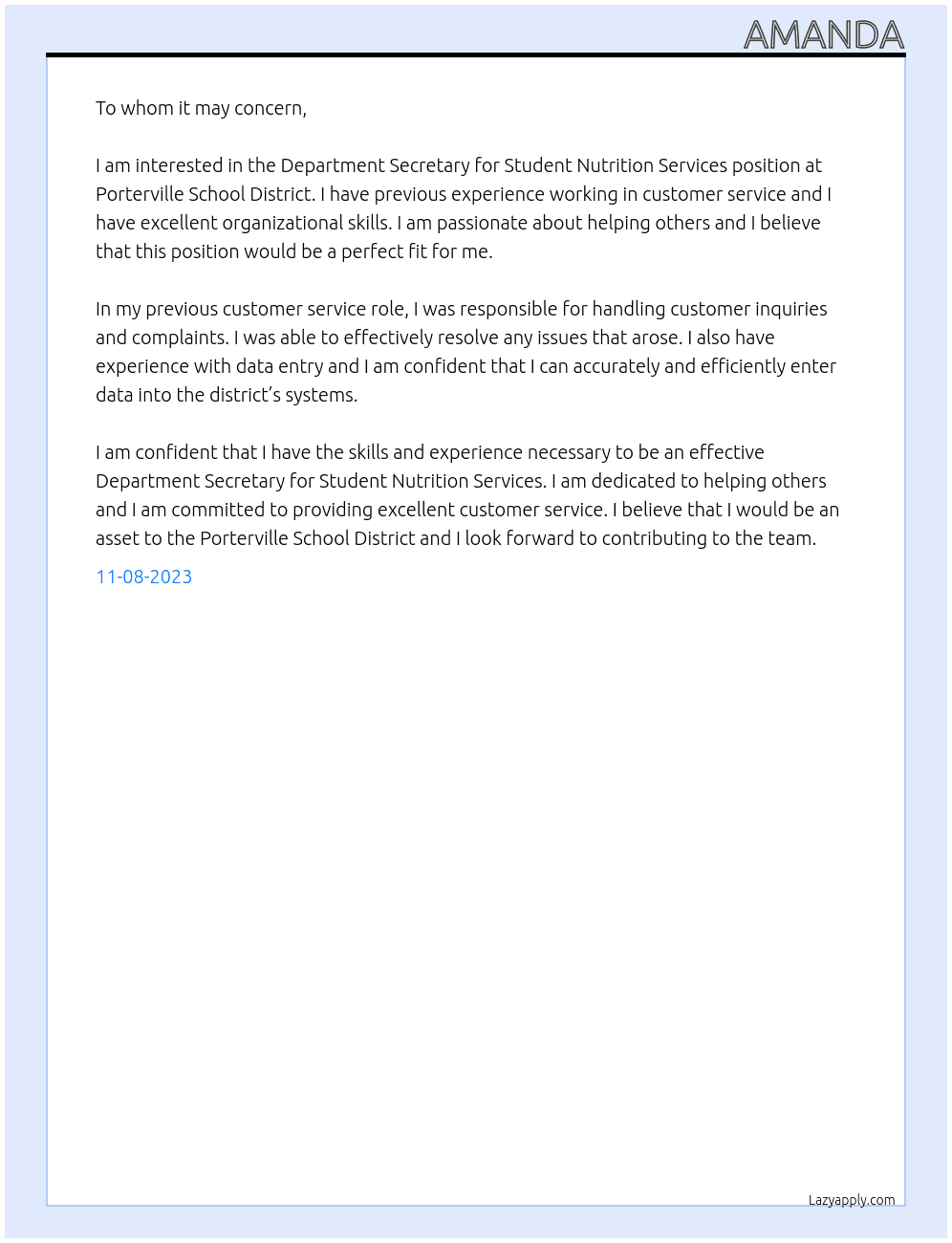 Department Secretary for Student Nutrition Services  At Porterville School District  Cover Letter