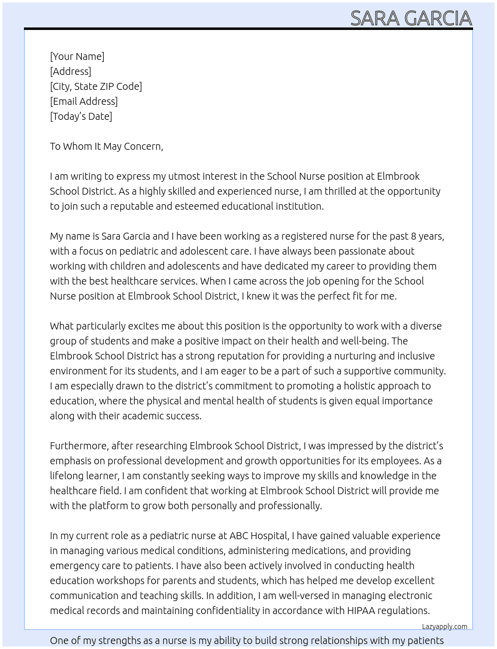 School Nurse At Elmbrook School District Cover Letter