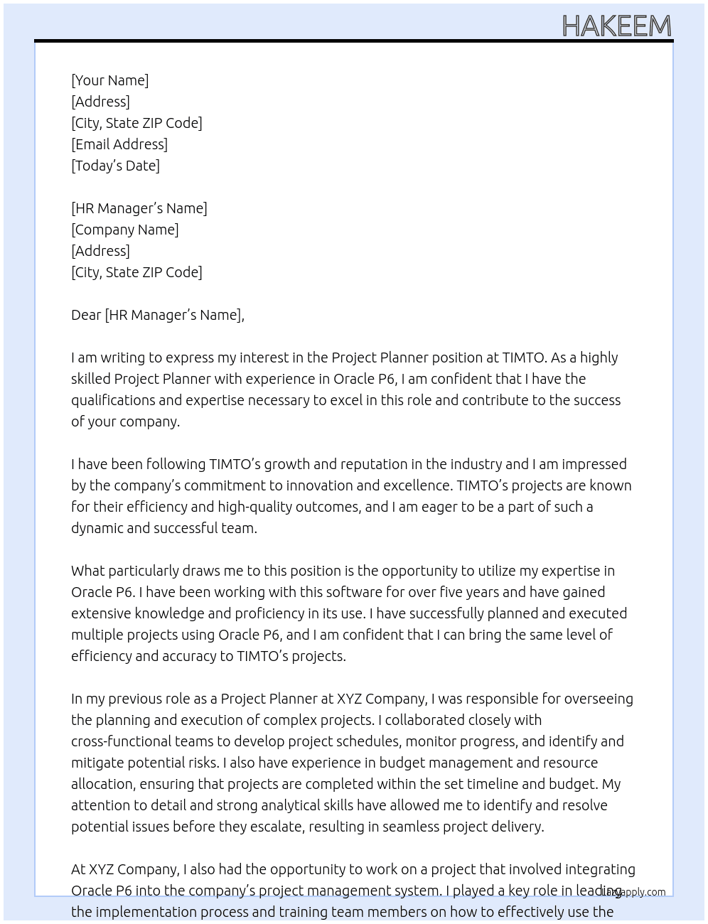 Project Planner At TIMTO Cover Letter