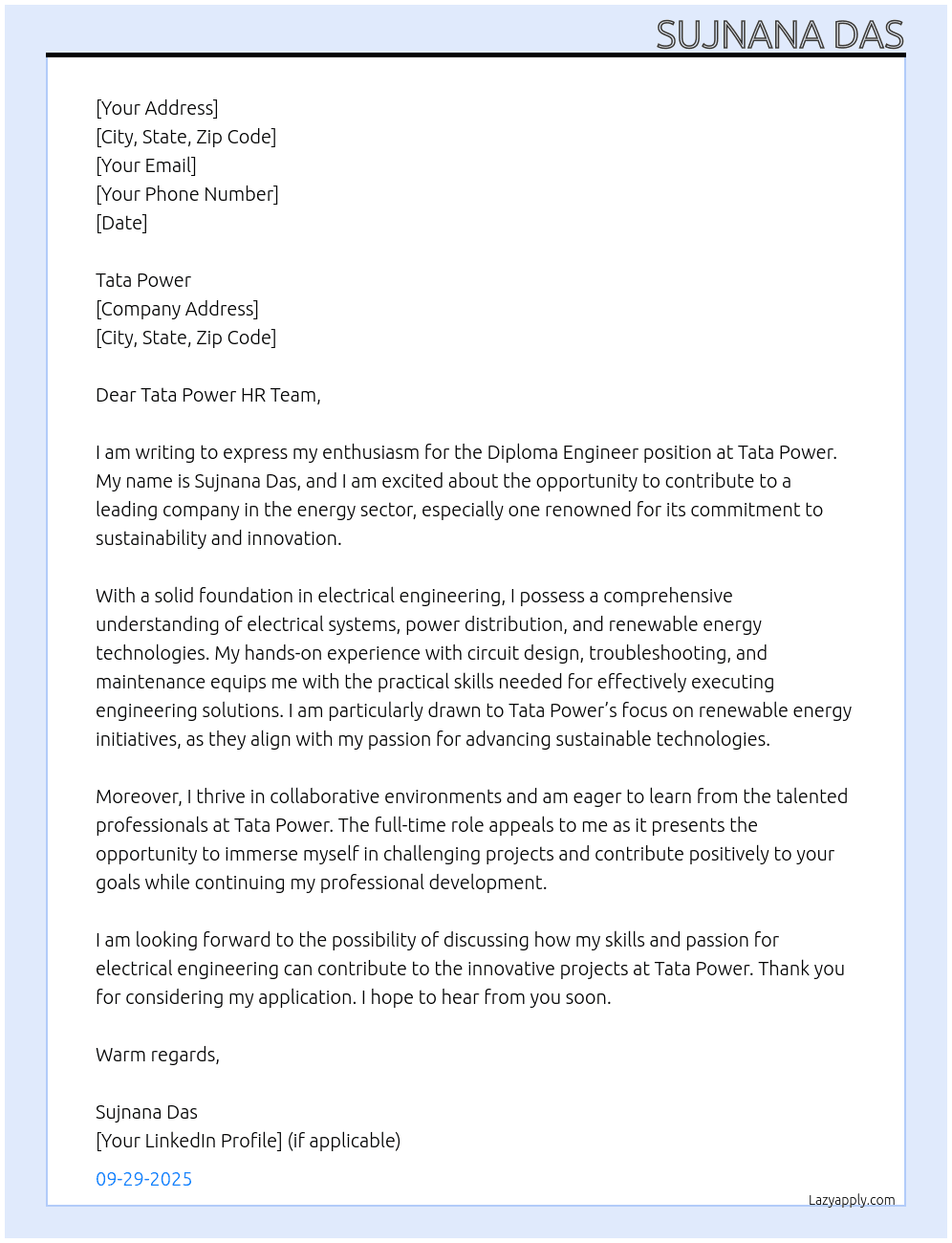 Diploma engineer  At Tata power Cover Letter
