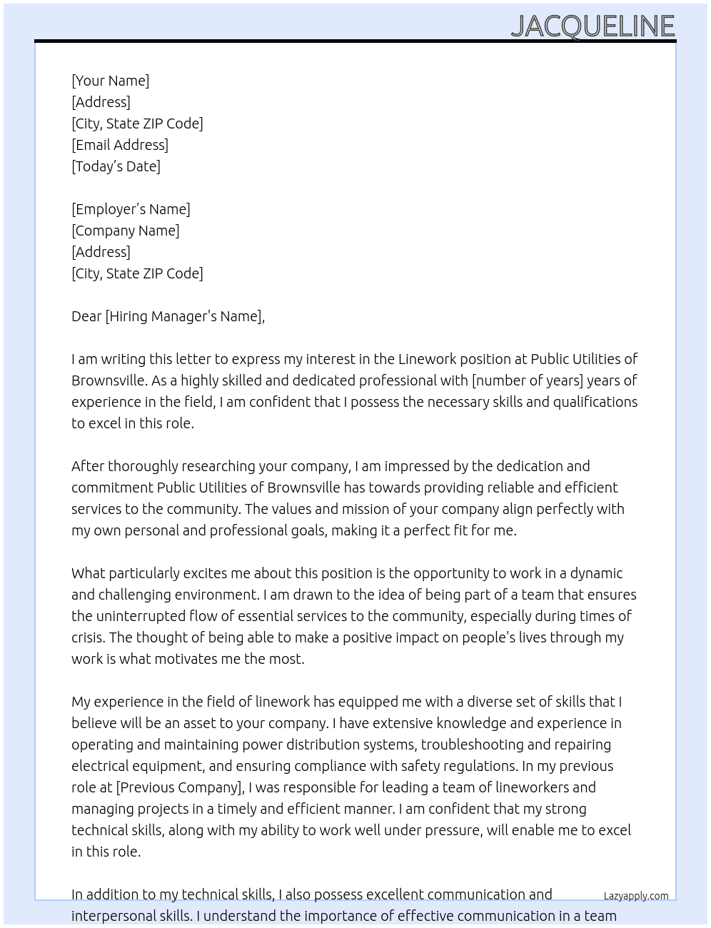 Linework At Public Utilities Of Brownsville  Cover Letter
