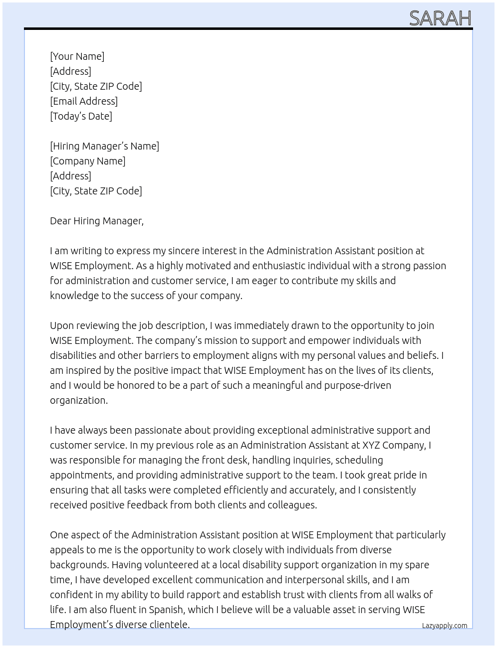 Administration Assistant At WISE Employment  Cover Letter