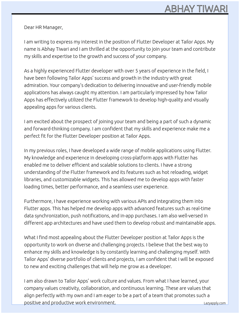 Flutter developer  At Tailor apps Cover Letter