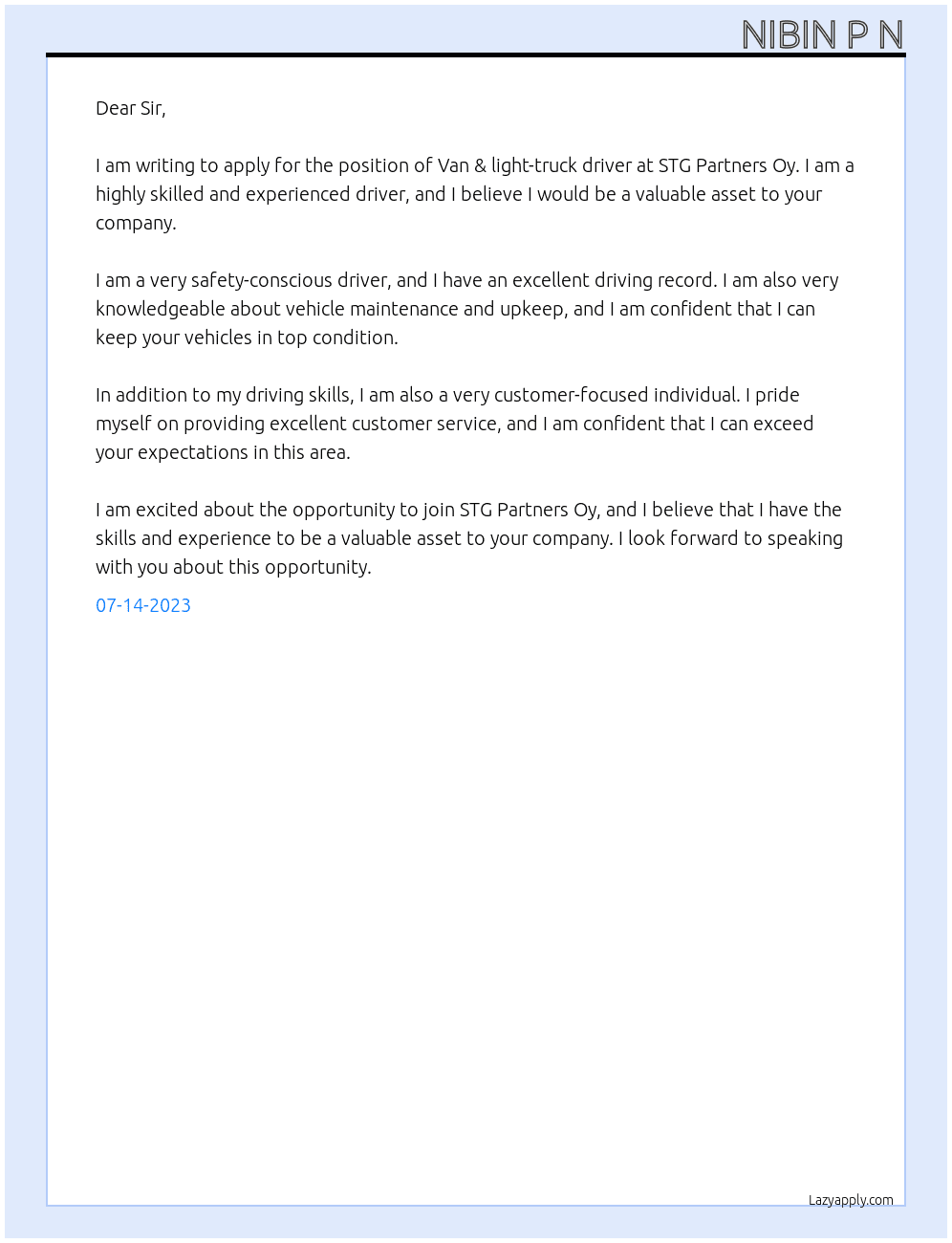 Van & light-truck driver At STG Partners Oy Cover Letter