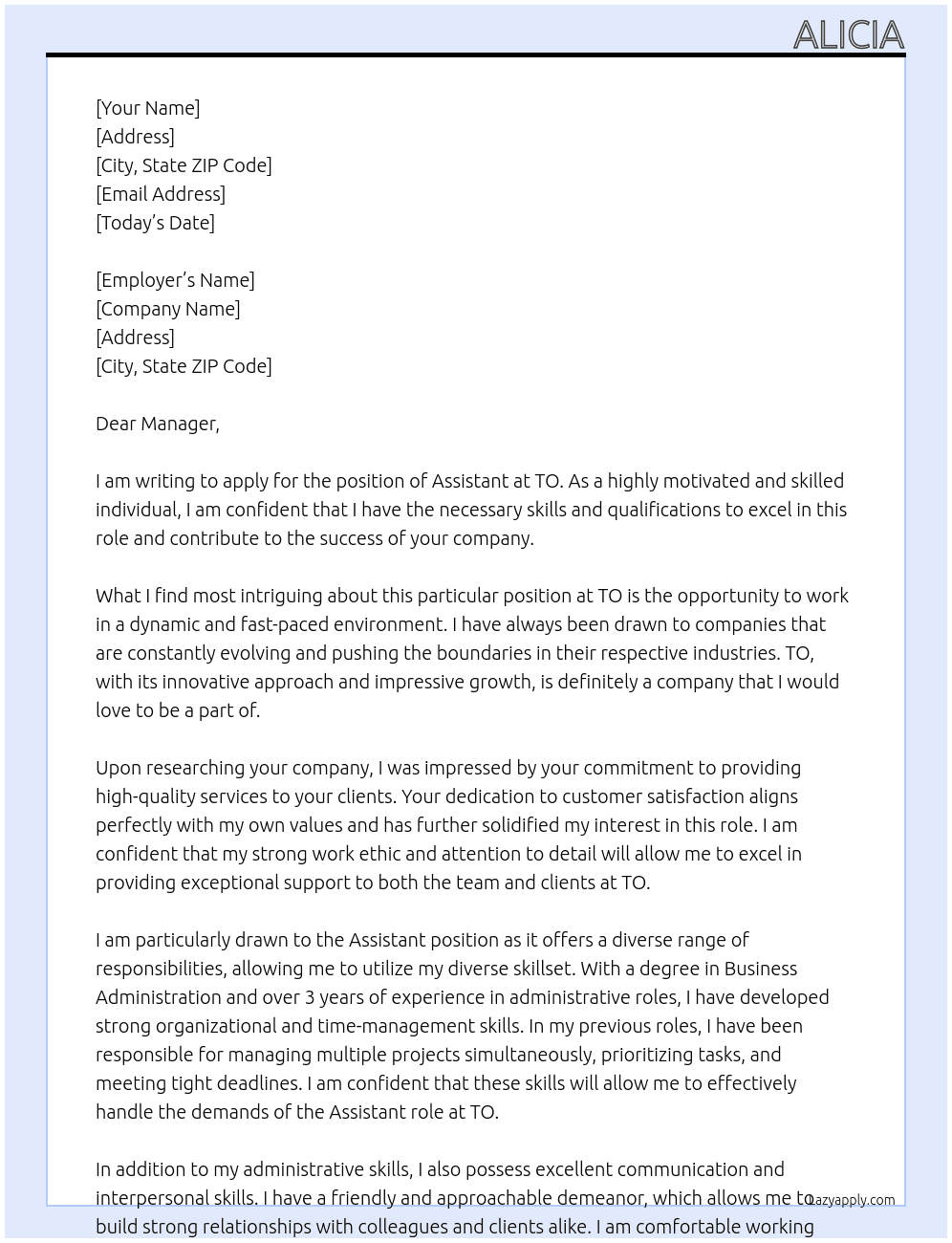 Assistant At TO Cover Letter