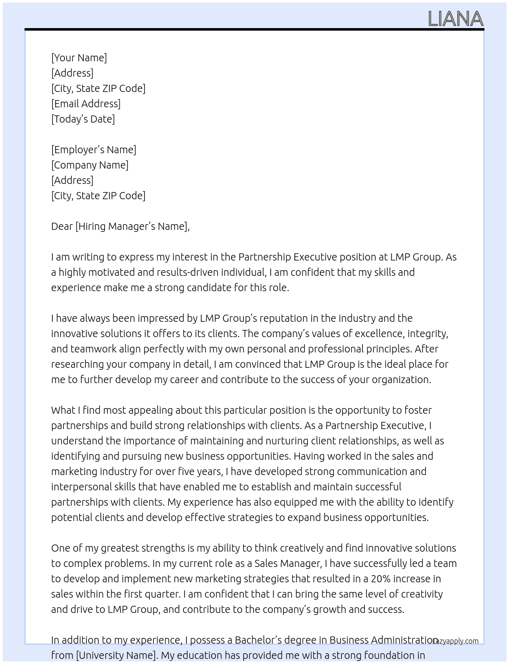 Partneship Executive At LMP Group  Cover Letter