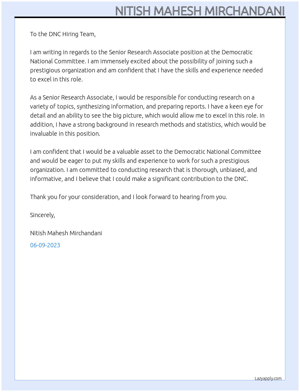 Senior Research Associate At Democratic National Committee Cover Letter