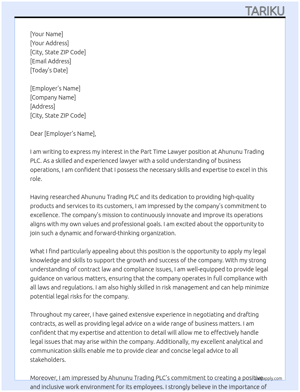 Part Time Lawyer At Ahununu Trading PLC Cover Letter