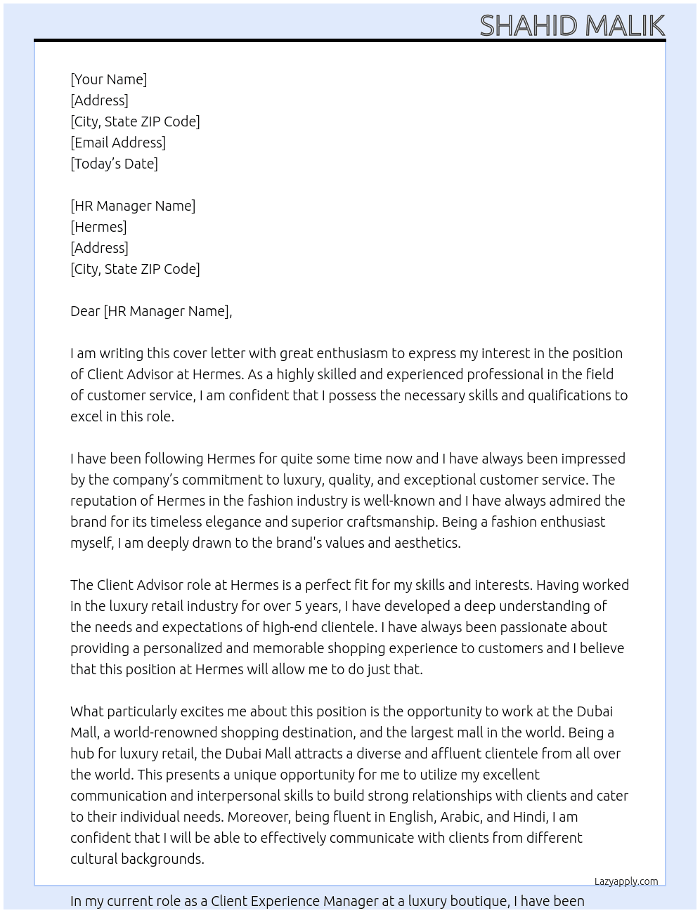 Client Advisor  At Hermes  Cover Letter