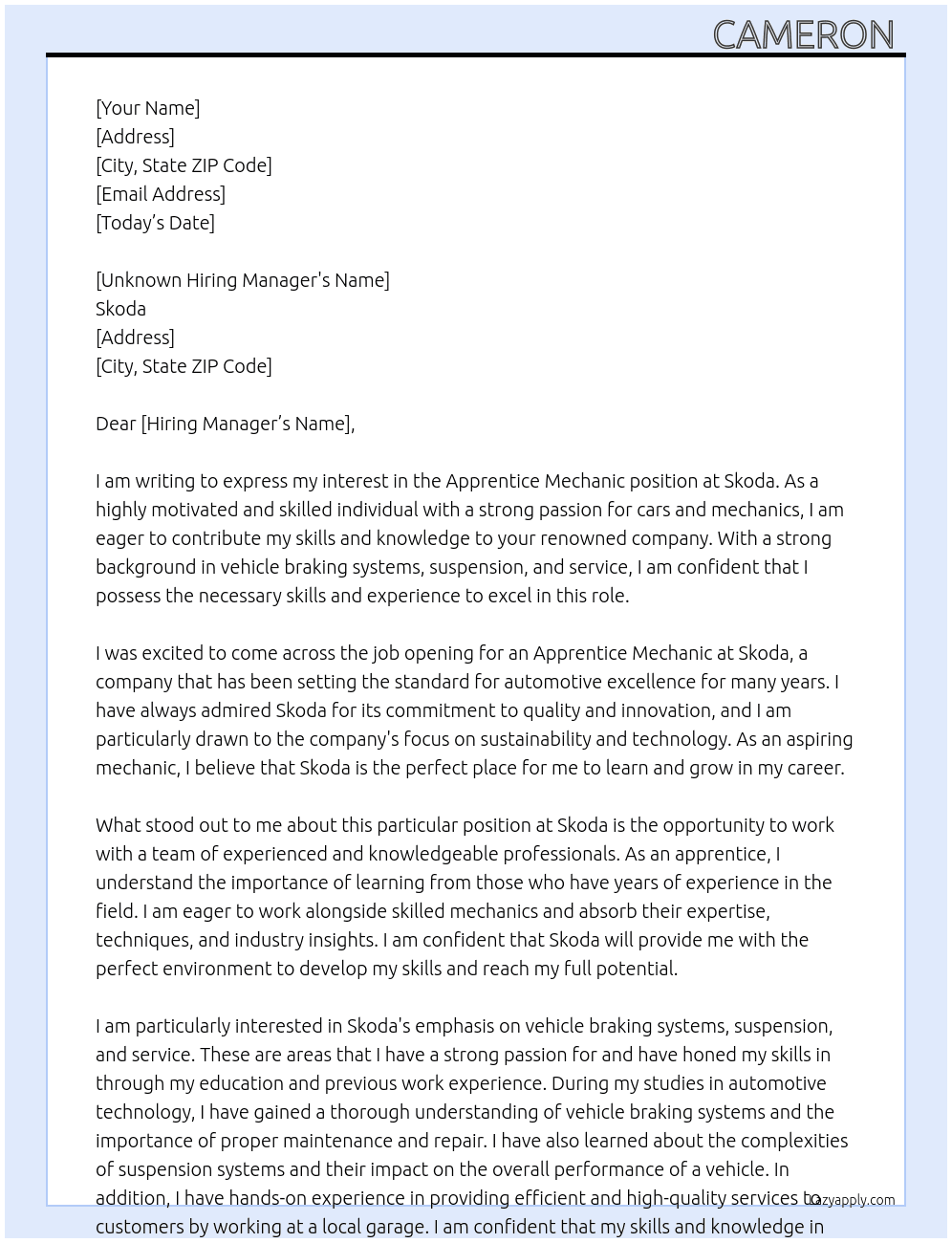 Apprentice mechanic  At Skoda Cover Letter
