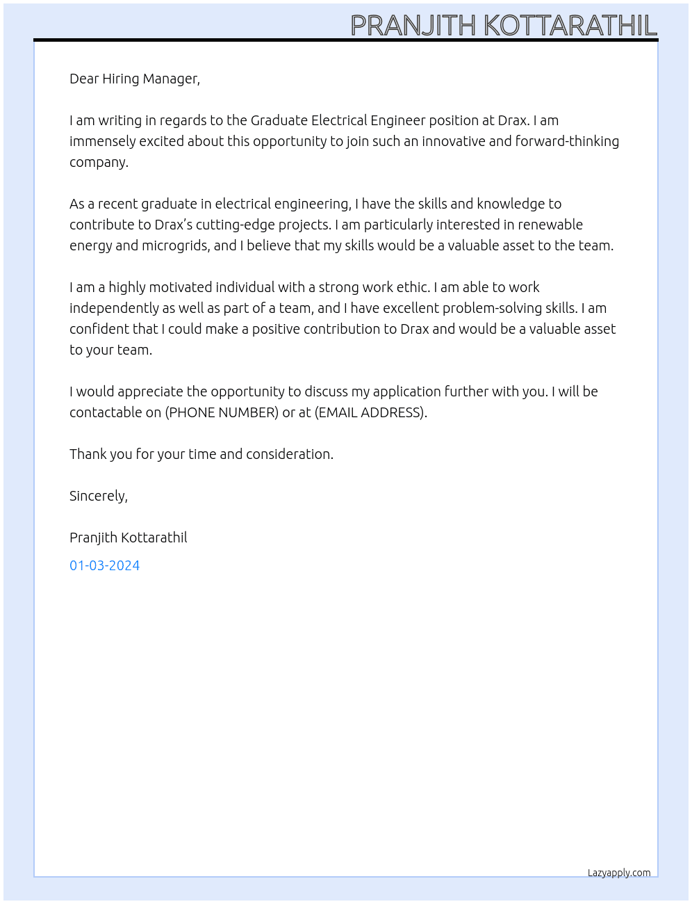 Graduate Electrical Engineer At drax Cover Letter