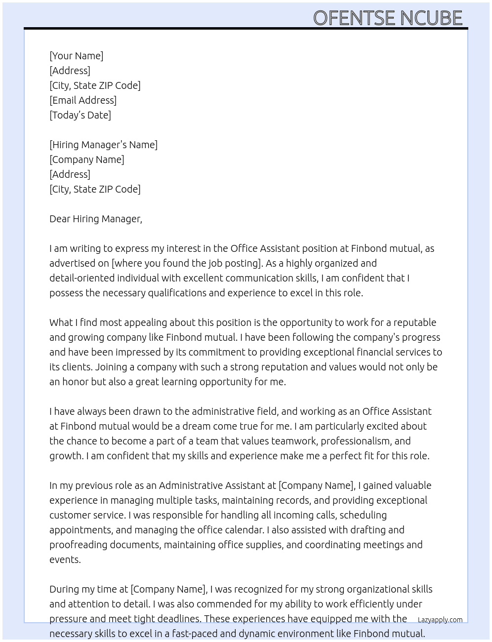 Office assistant  At Finbond mutual Cover Letter