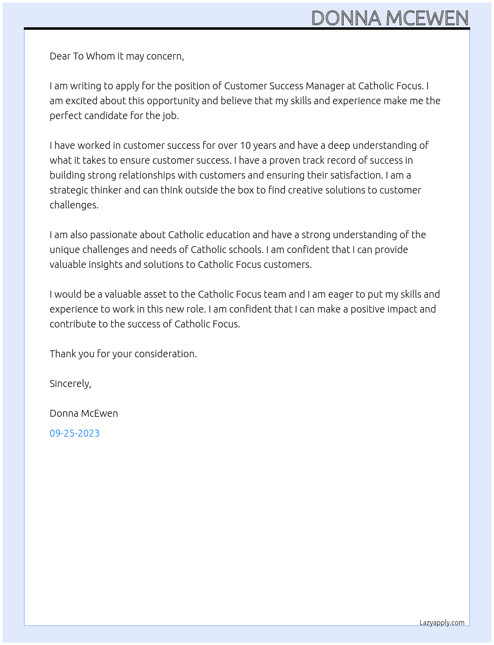 Customer Success Manager  Catholic Focus At ACS Technologies Cover Letter