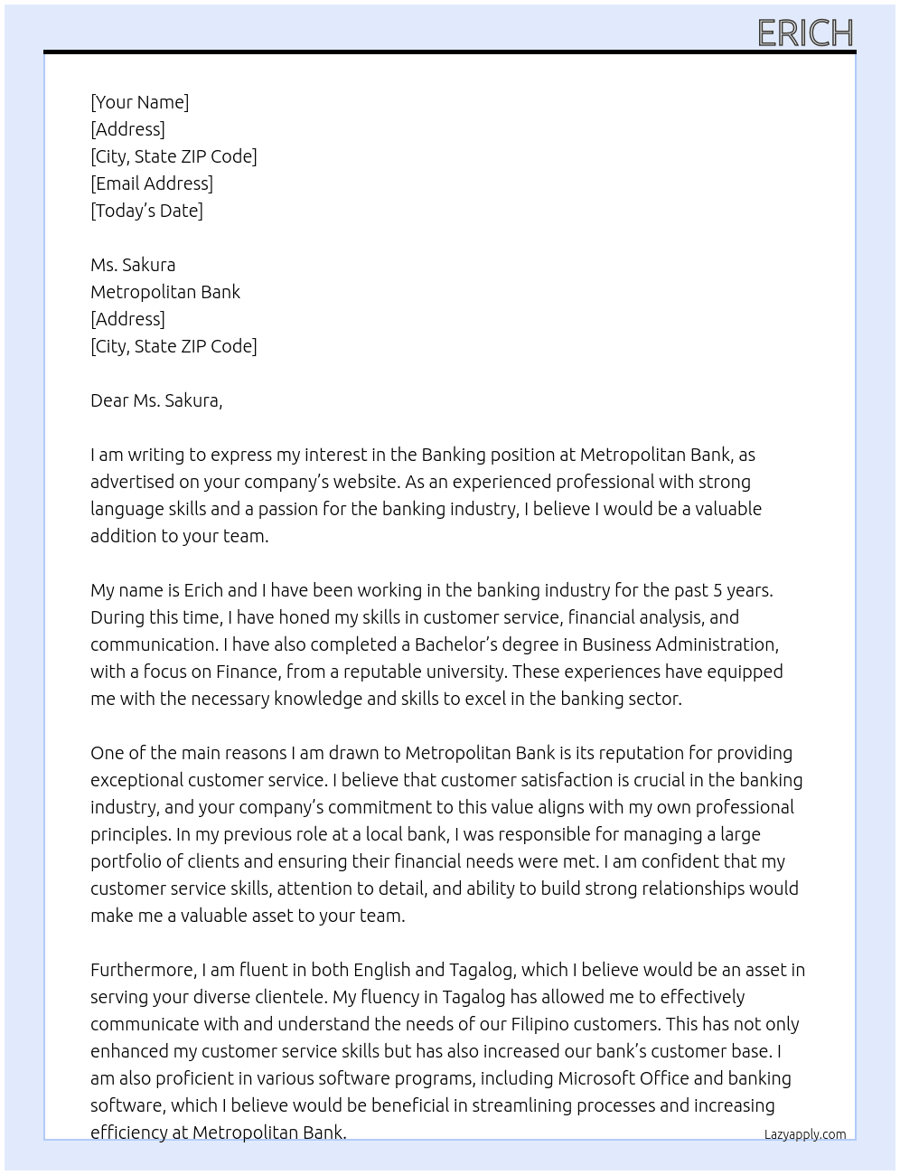 Banking At Metropolitant bank Cover Letter