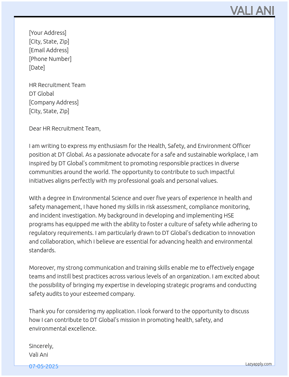 Health Safety and Environment Officer At DT Global  Cover Letter