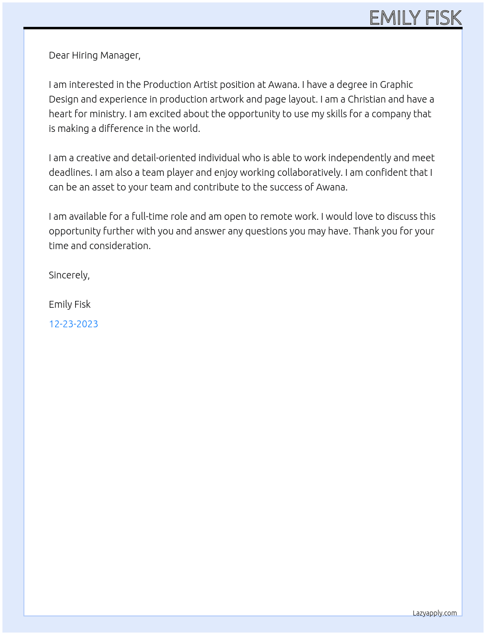 Production Artist At Awana Cover Letter