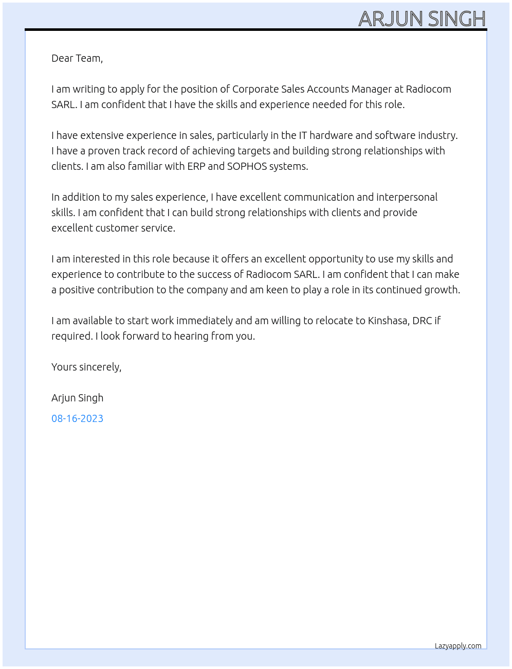 Corporate Sales Accounts Manager At Radiocom SARL  Cover Letter