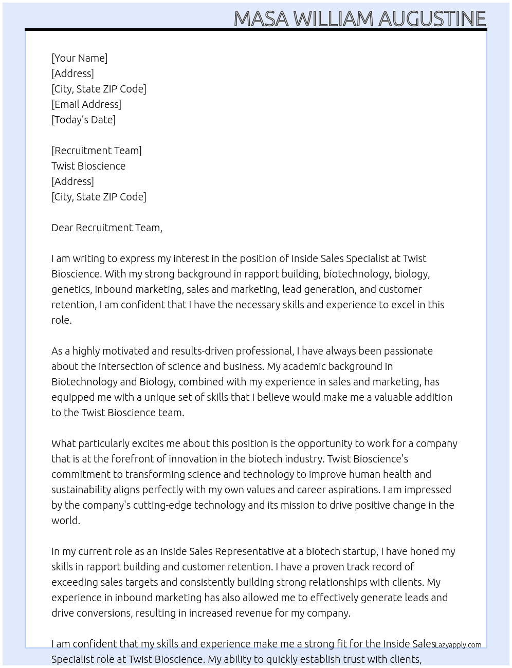 Insides Sales Specialists  At Twist Bioscience Cover Letter
