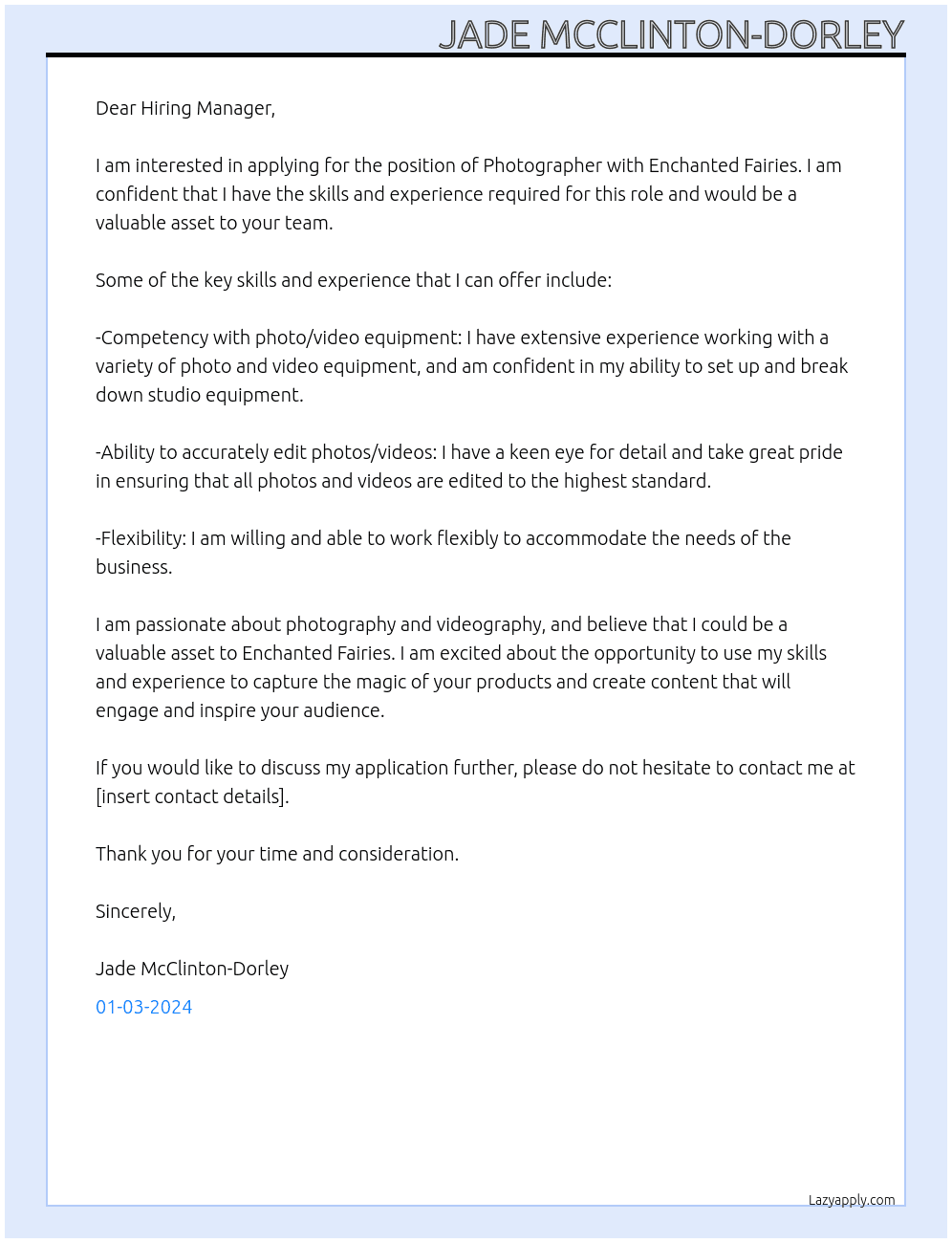 Photographer At Enchanted Fairies Cover Letter