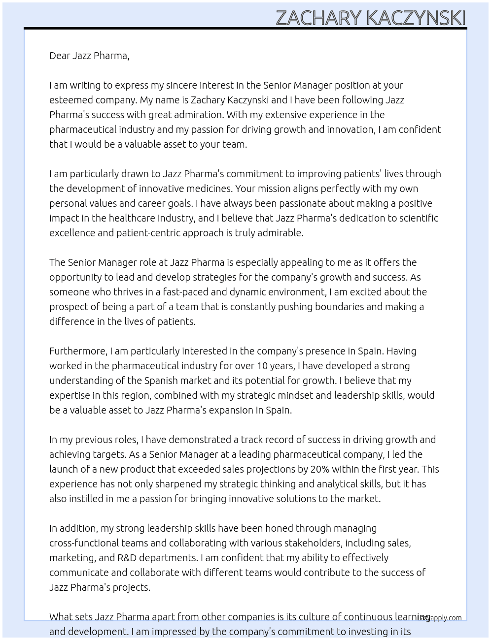 senior manager At jazz pharma Cover Letter
