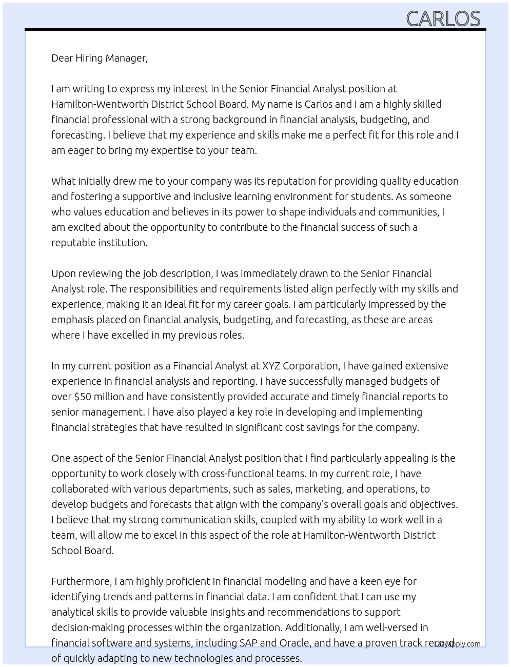 Senior Financial Analyst At Hamilton-Wentworth District School Board Cover Letter