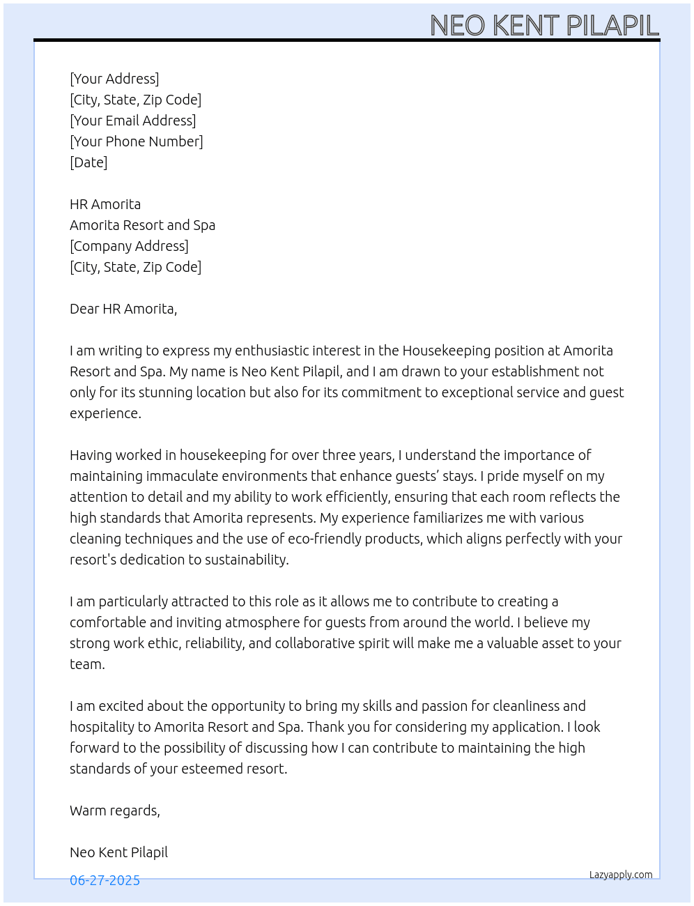 House Keeping At Amorita Resort and Spa Cover Letter
