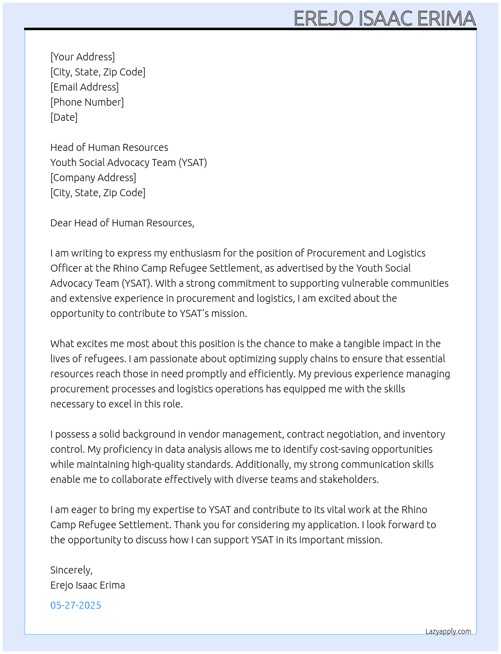Cover letter for procurement and logistics officer - rhino camp refugee settlement - LazyApply