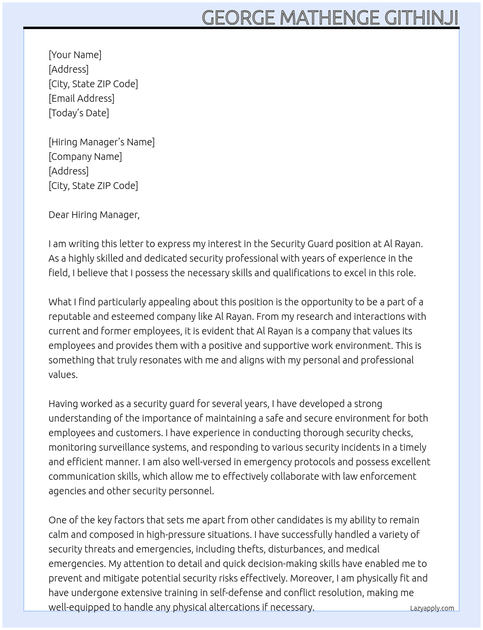 SECURITY GUARD  At Al rayan Cover Letter