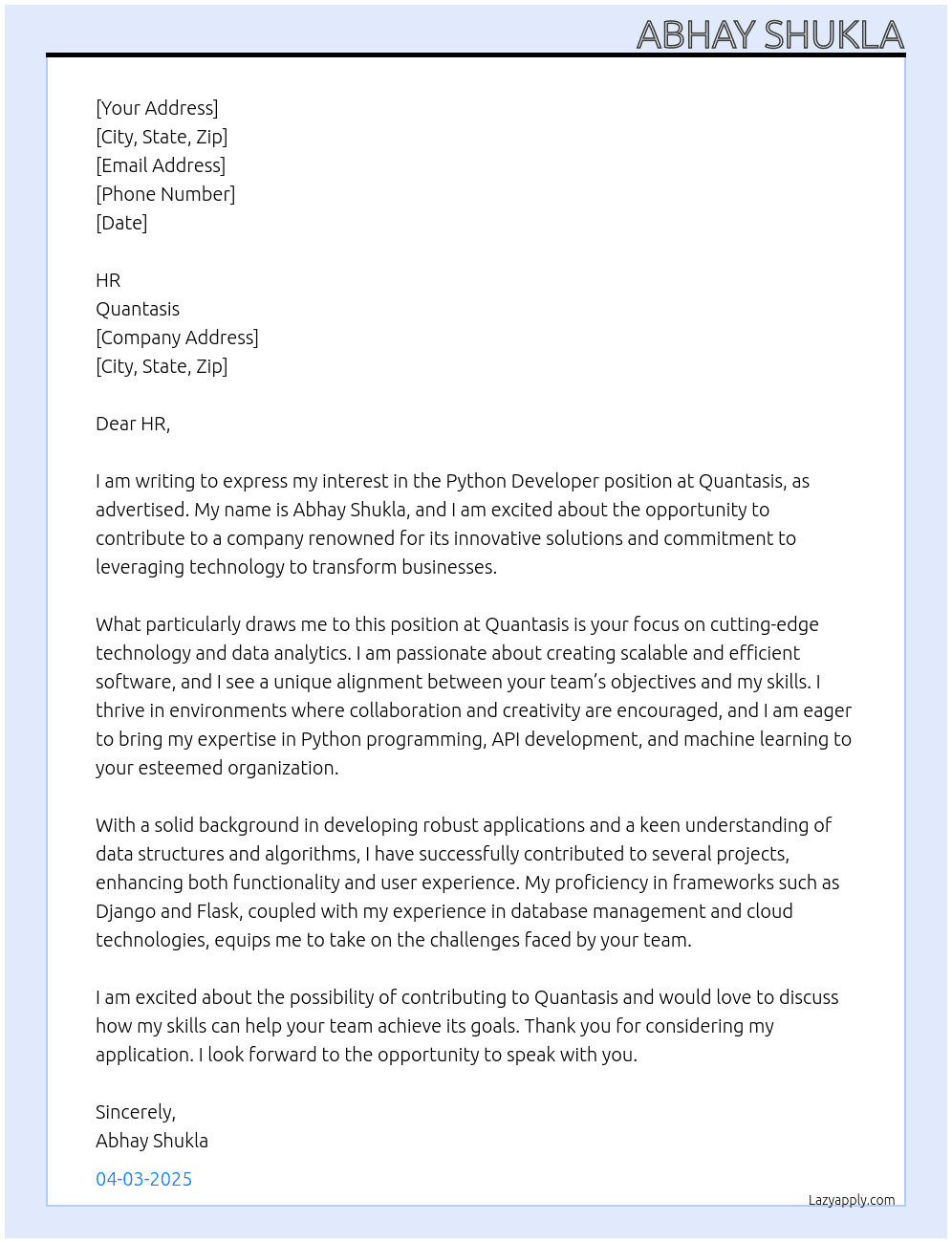 Python developer  At Quantasis Cover Letter