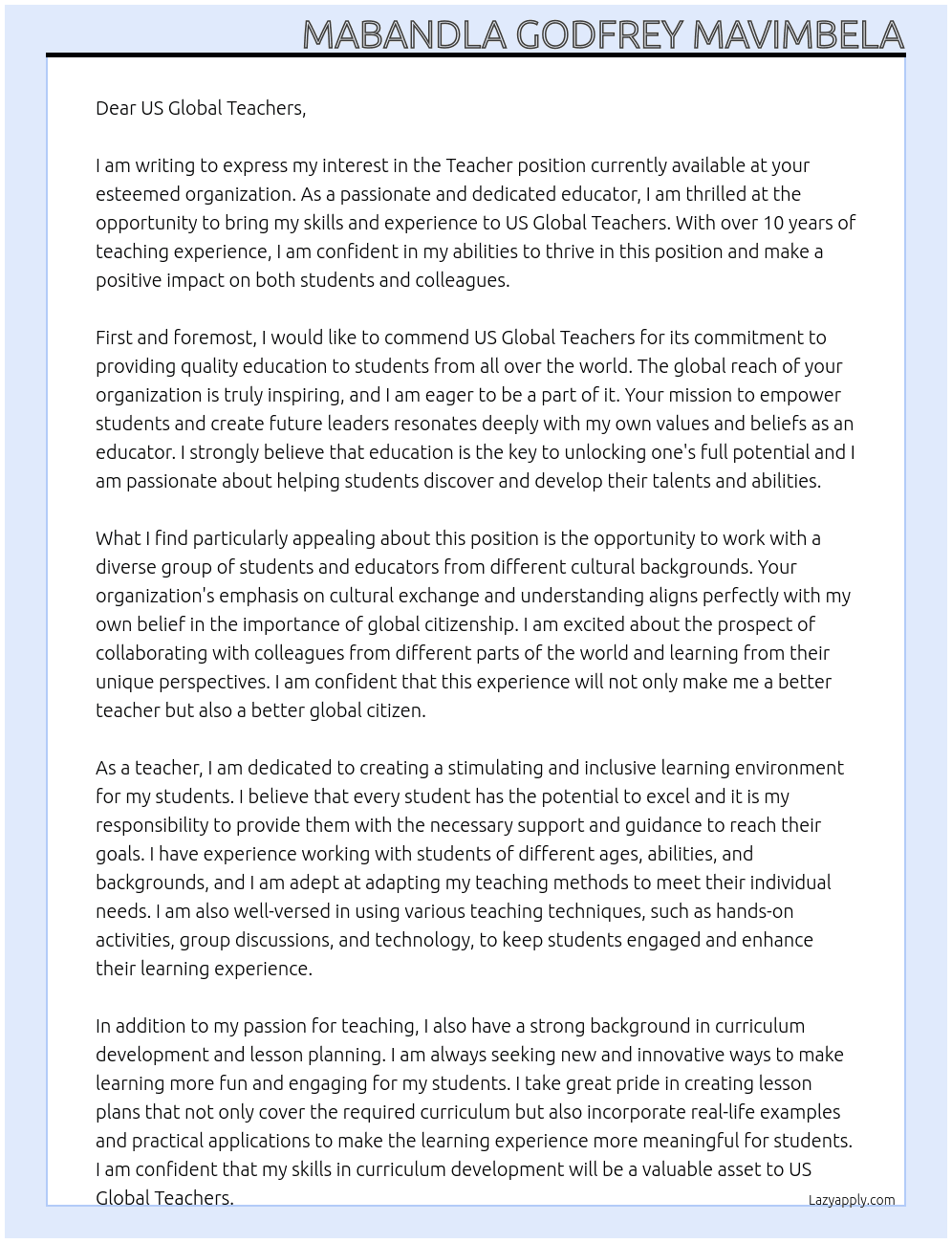 Teacher  At US global teachers Cover Letter