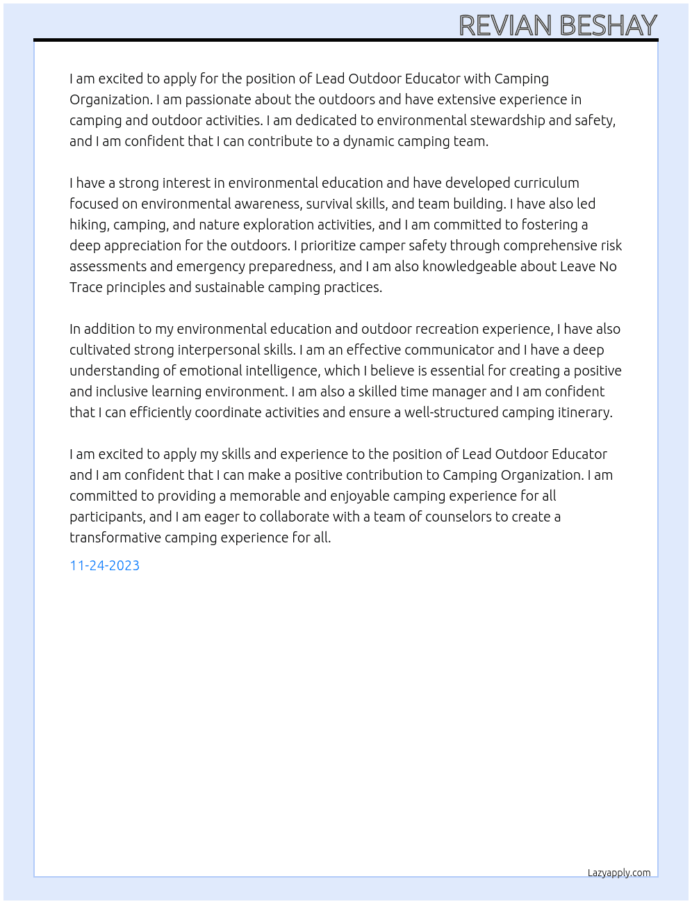 Camping  At Camping Organization  Cover Letter