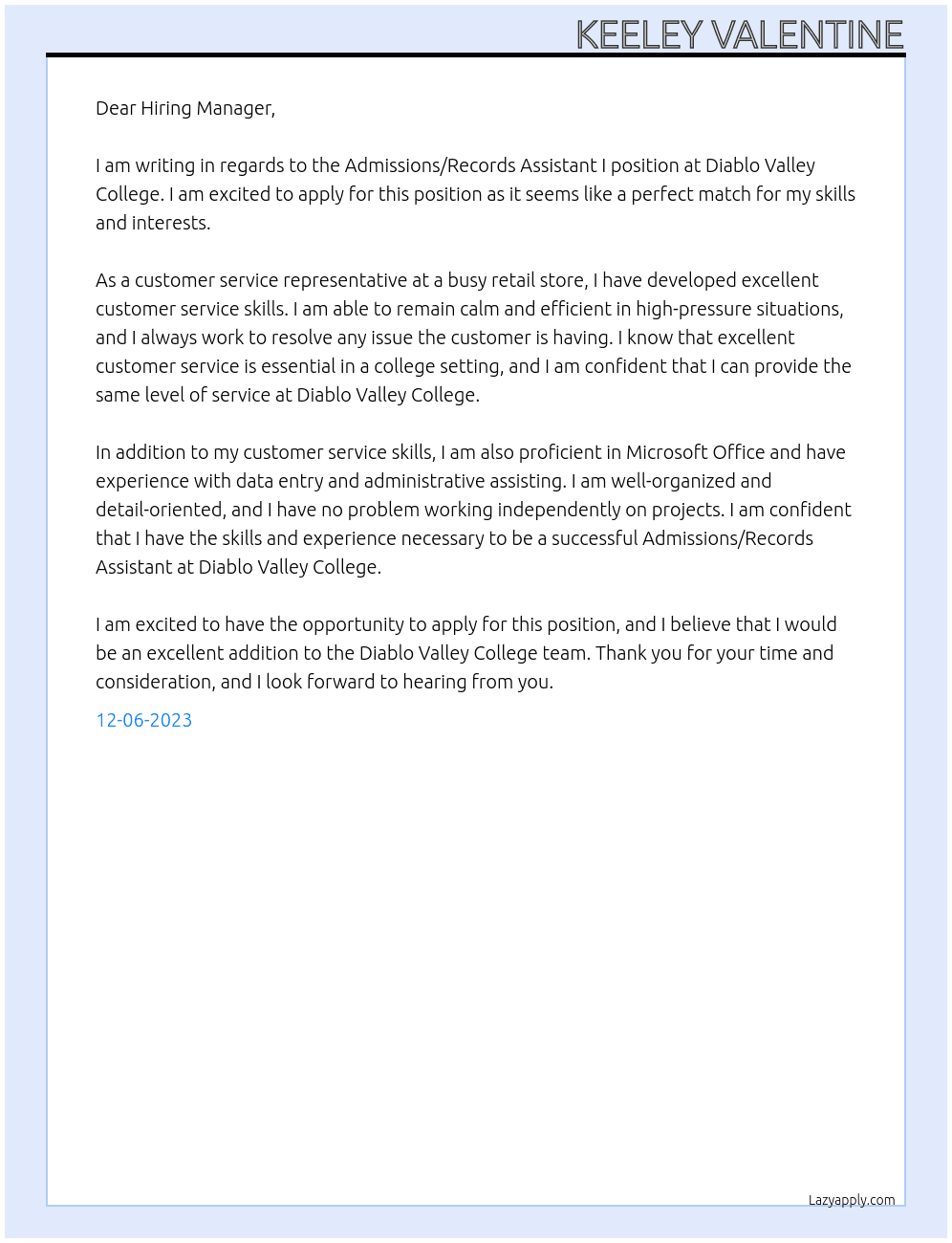 Admissions/Records Assistant I At Diablo Valley College  Cover Letter