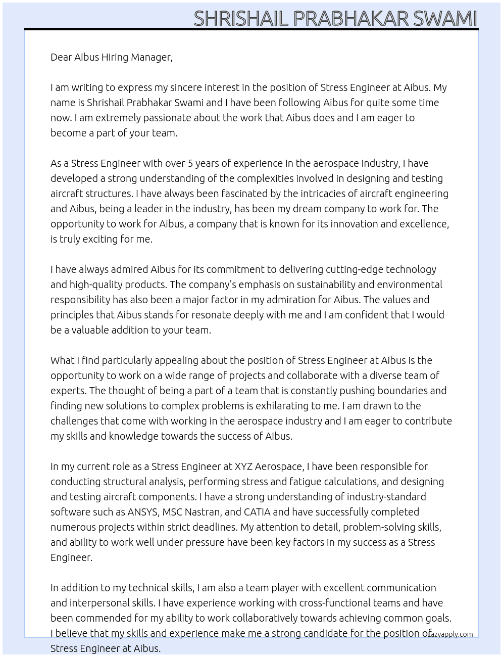 Stress Engineer At Aibus Cover Letter