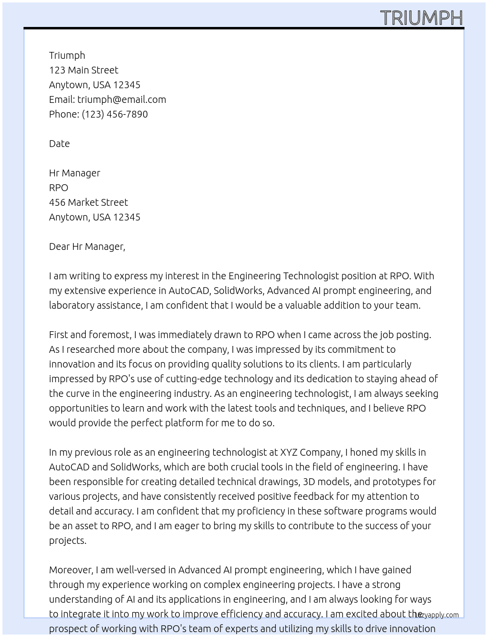 Engineering Technologist  At RPO Cover Letter