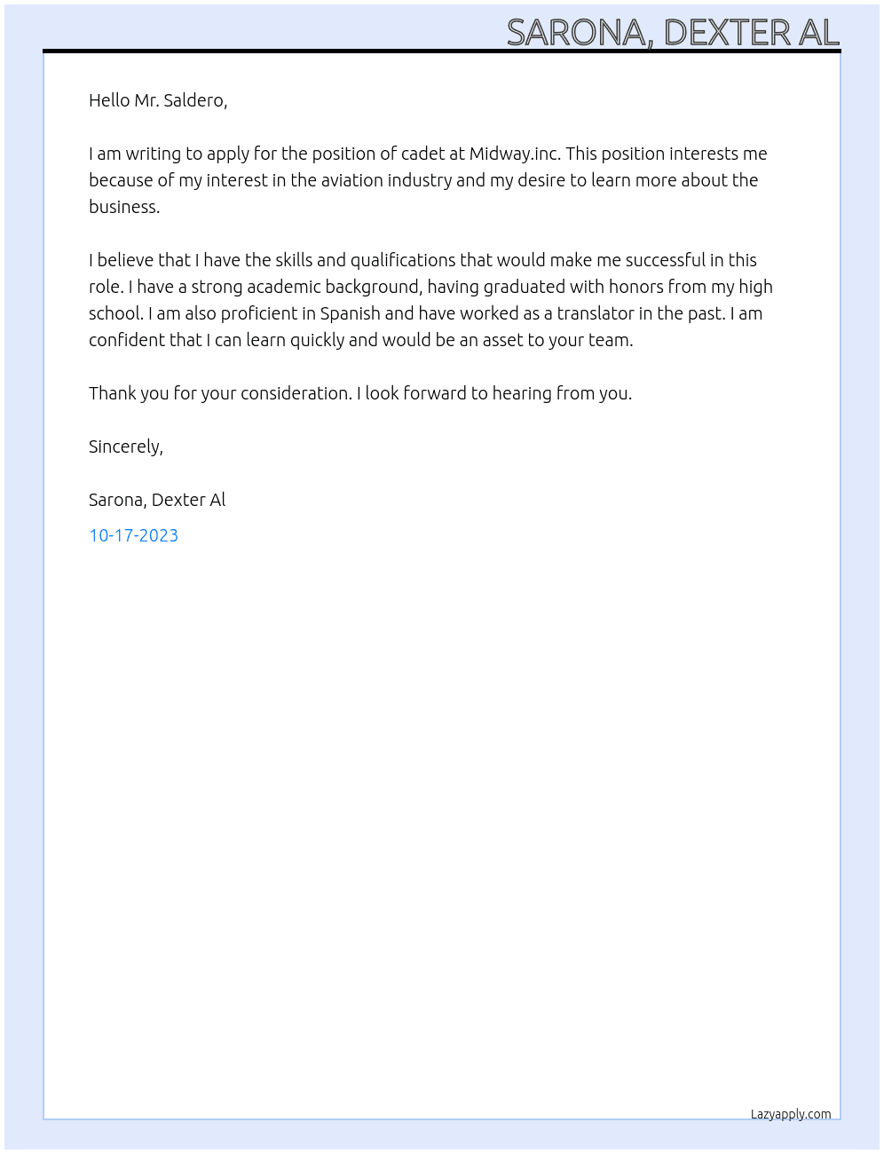 Applying for cadet At Midway.inc Cover Letter
