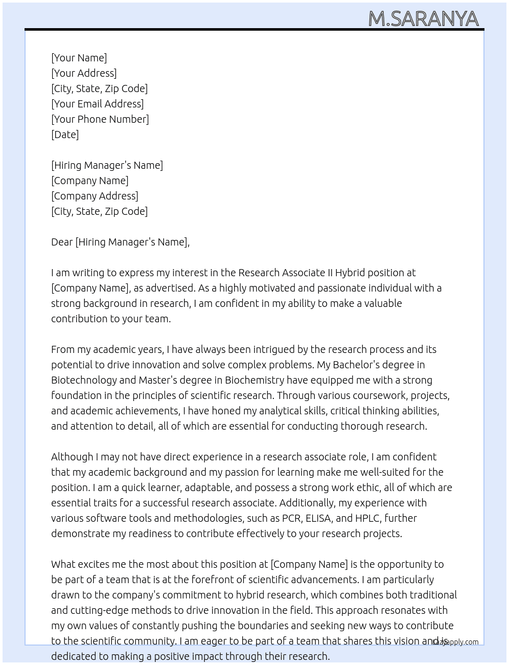 Research associate At Research Associate II Hybrid Cover Letter