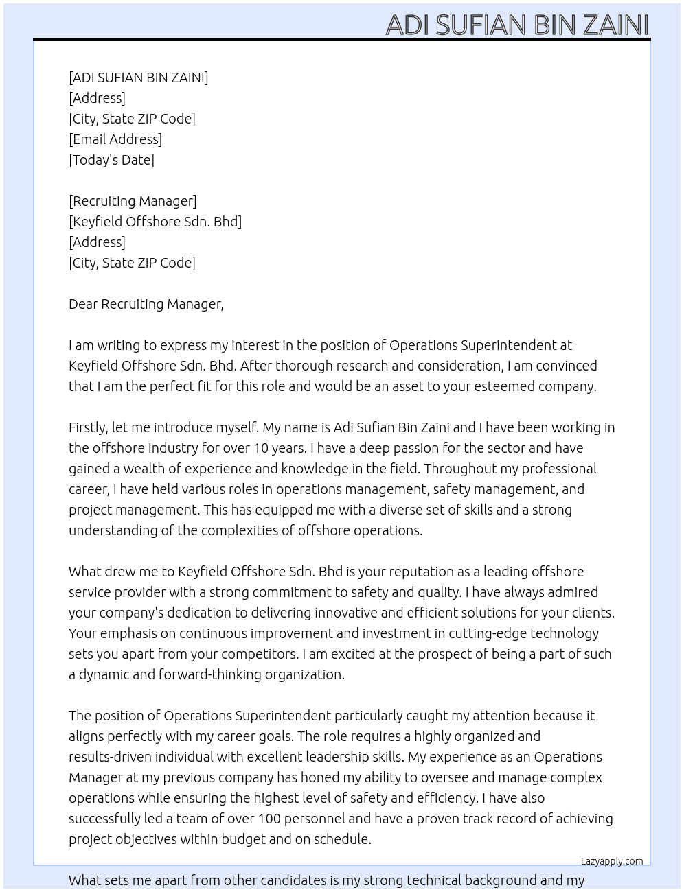 OPERATIONS SUPERINTENDENT At KEYFIELD OFFSHORE SDN. BHD Cover Letter