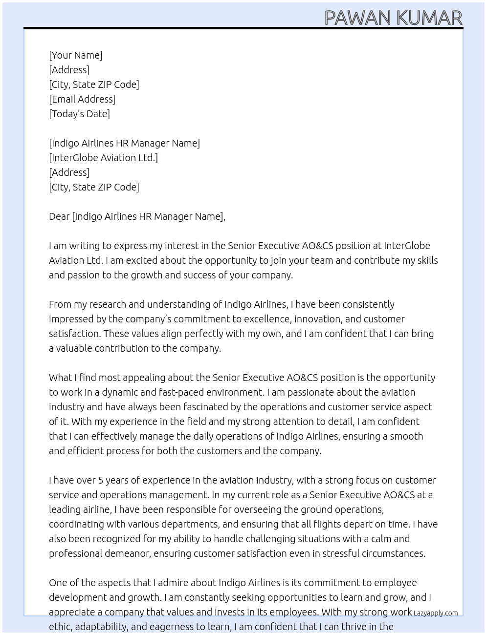 Cover letter for senior executive ao&cs - LazyApply