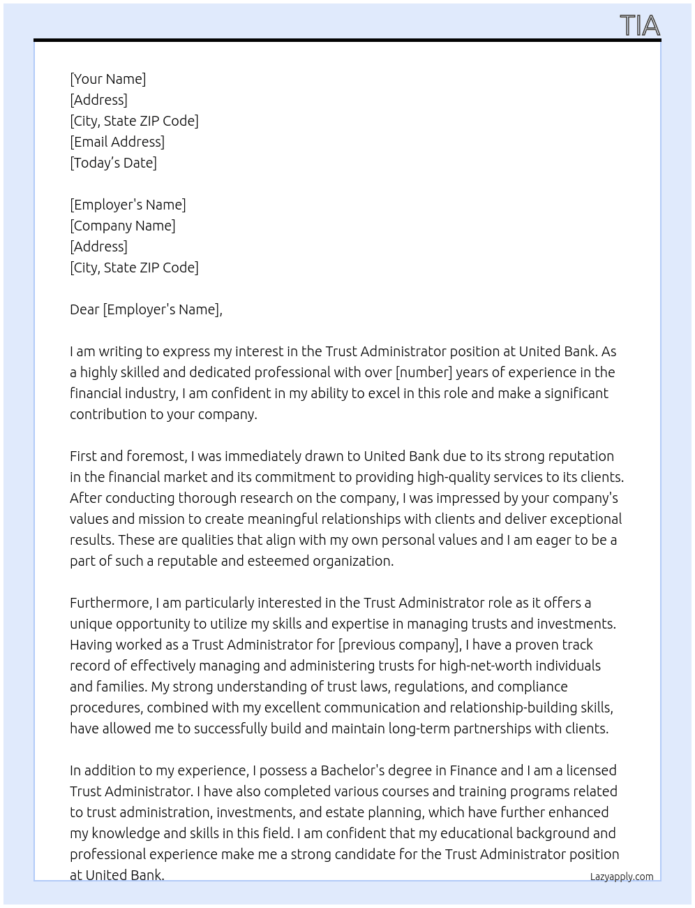 Trust Administrator At United Bank Cover Letter