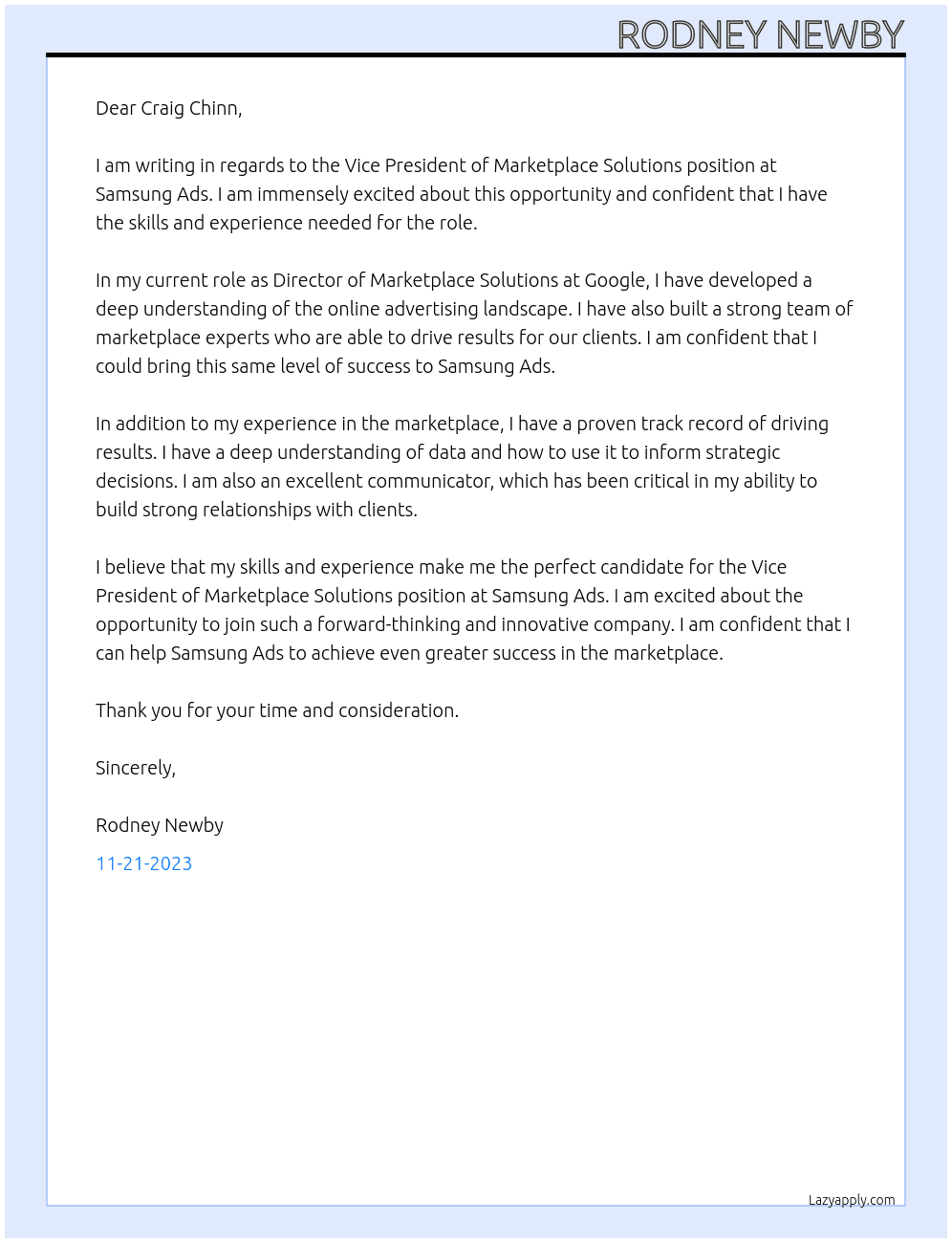 VIce President of Marketplace Solutions At Samsung Ads Cover Letter